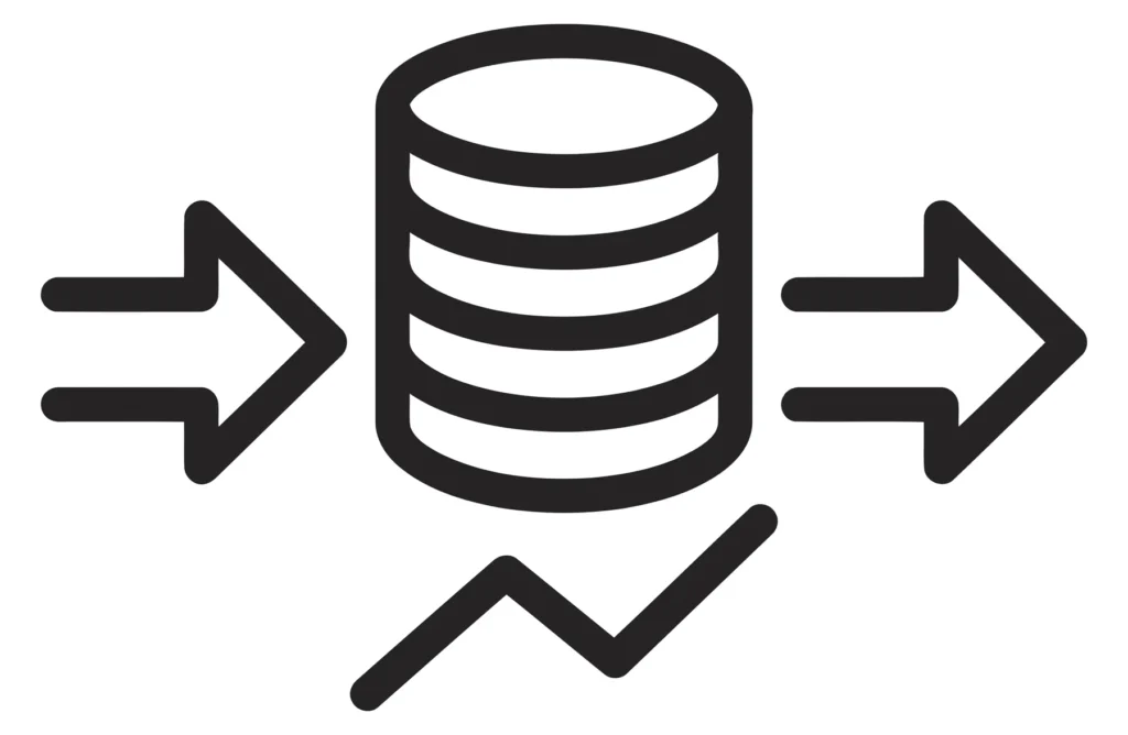 data processing icon with database cylinder and trend line graph