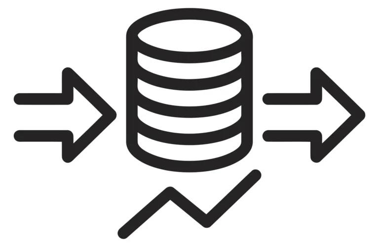 data processing icon with database cylinder and trend line graph