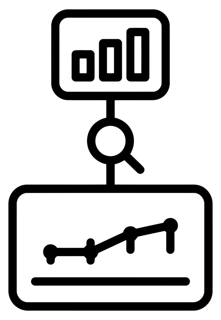 data reporting and analytics icon featuring a bar chart connected to a line graph via a magnifying glass