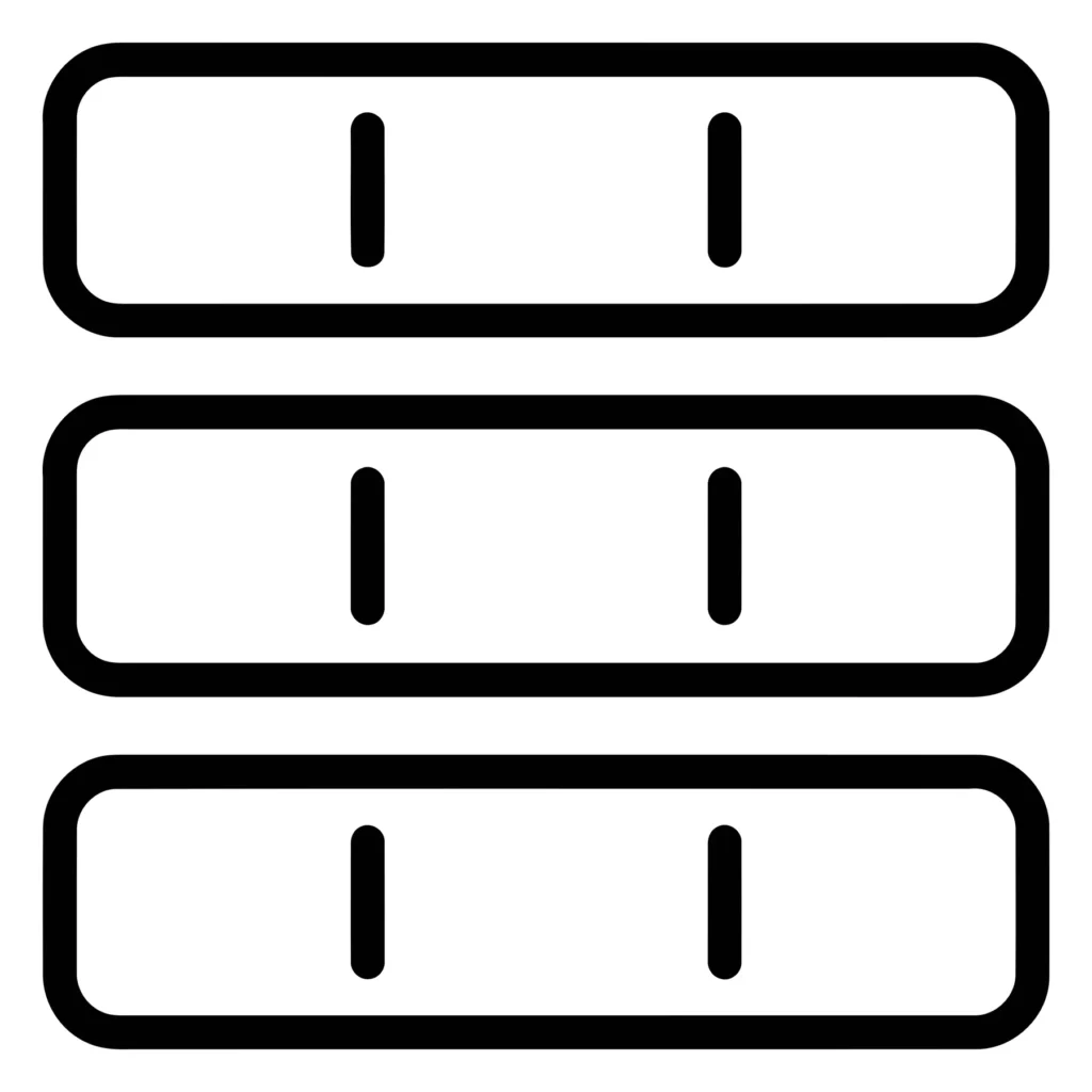 database icon featuring three stacked server racks with connection lines, representing data storage, cloud computing, and information manage