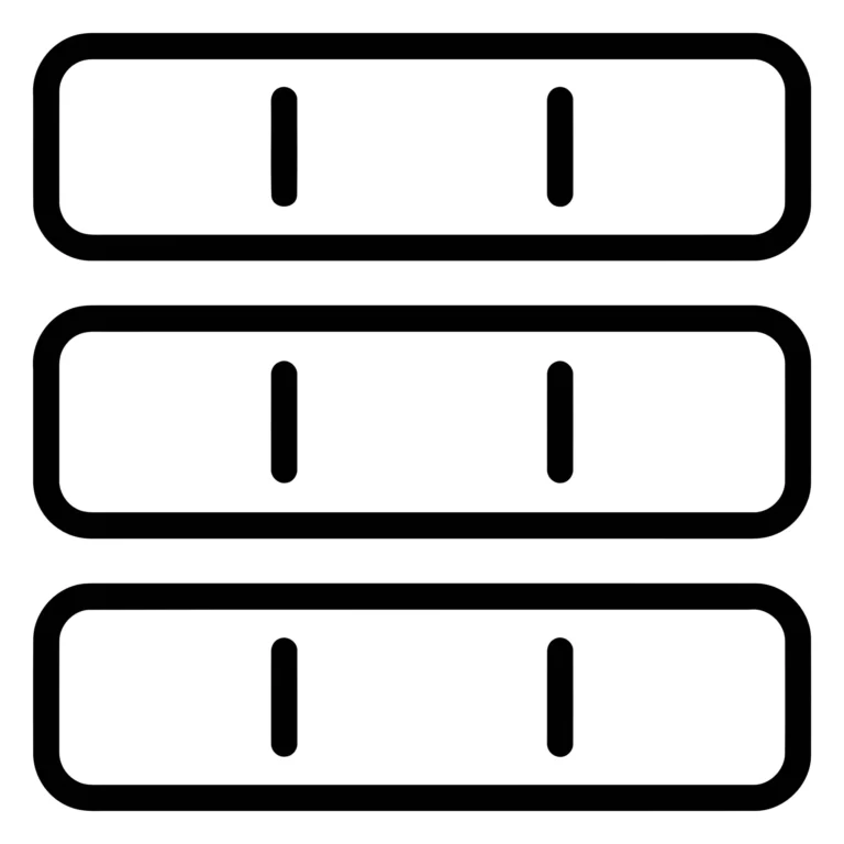 database icon featuring three stacked server racks with connection lines, representing data storage, cloud computing, and information manage
