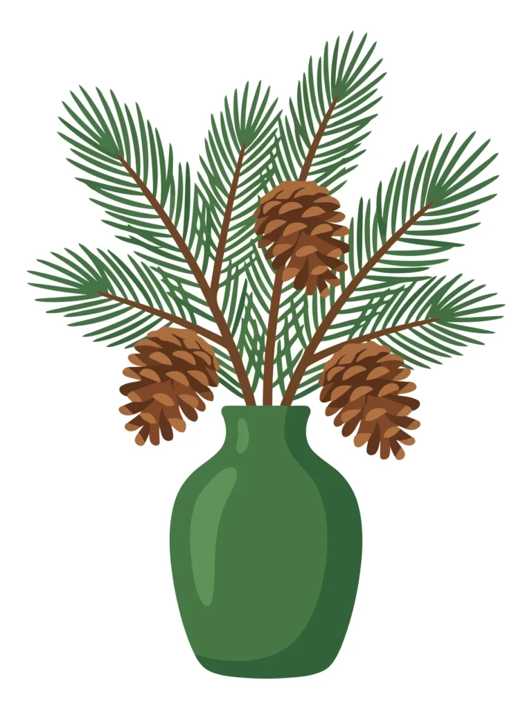 Decorative Green Vase With Pine Branches And Pine Cones, Festive Winter Botanical Arrangement, Flat Vector Illustration decorative green vase with pine branches and pine cones, festive winter botanical arrangement, flat vector illustration