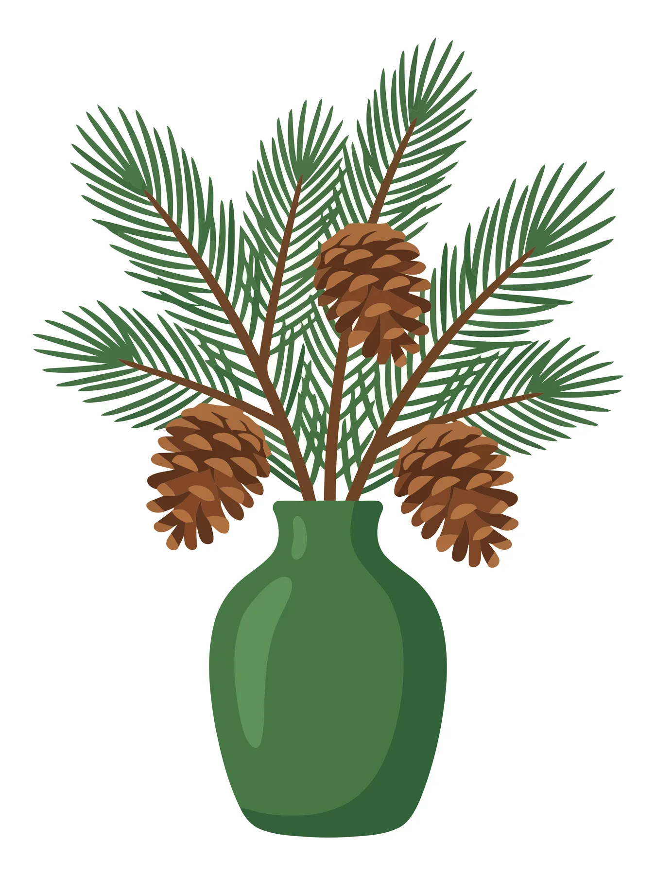 decorative green vase with pine branches and pine cones, festive winter botanical arrangement, flat vector illustration