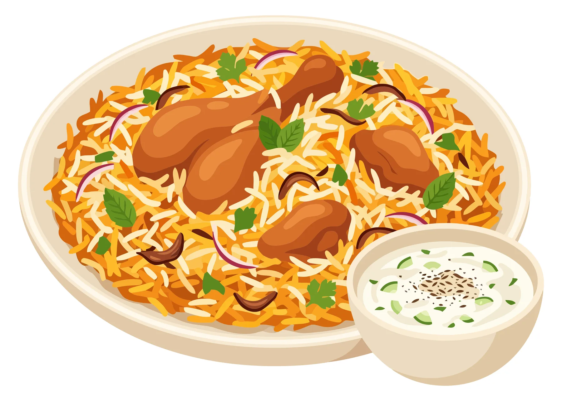 delicious chicken biryani served with raita in a bowl, traditional indian rice dish with aromatic spices, chicken pieces, herbs, and fried o