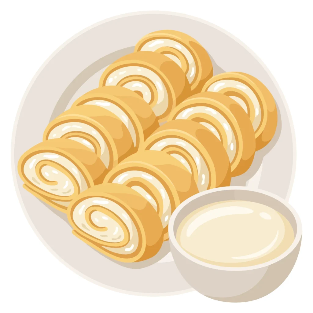 delicious homemade cheese rolls or blini rolls served with a side of creamy dipping sauce on a white plate