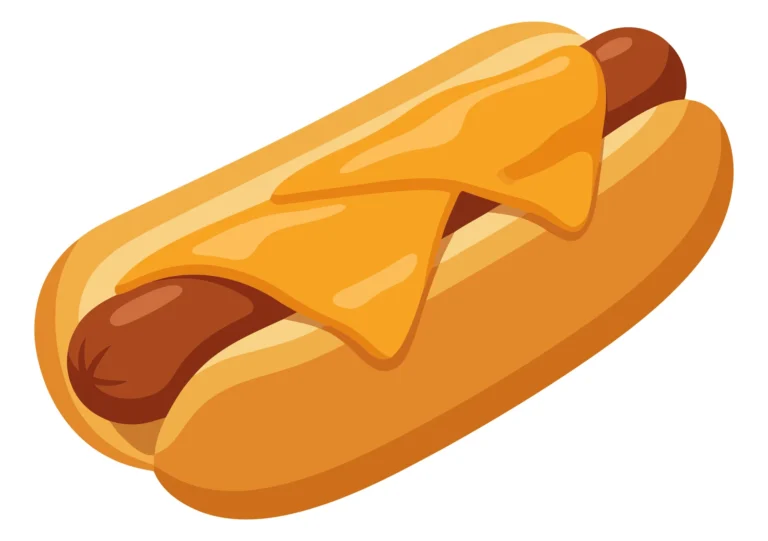 delicious hot dog with melted yellow cheese slice in a soft bun, classic american fast food snack isolated on white background