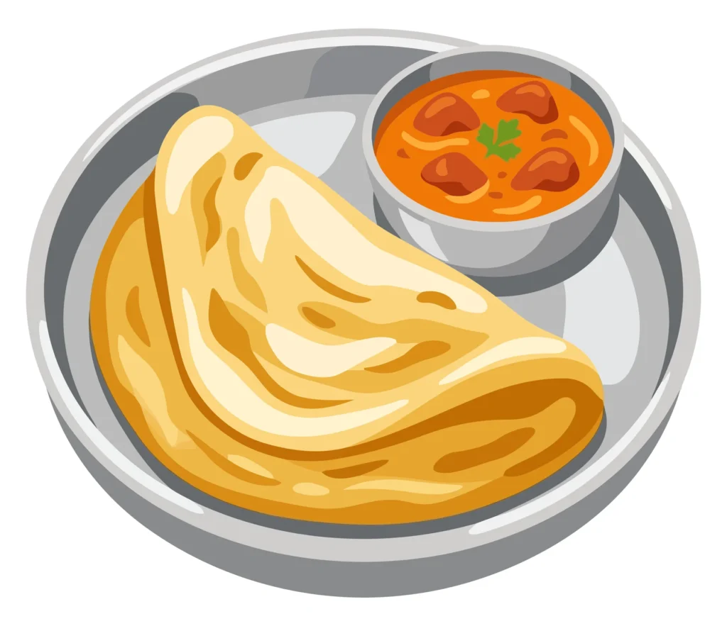 delicious indian paratha flatbread served with curry gravy on a steel plate