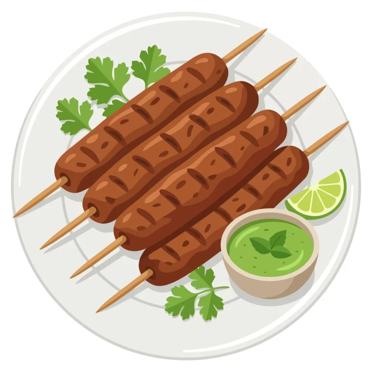 delicious seekh kebab skewers served on a white plate with green chutney, fresh cilantro, and lime wedges, traditional grilled meat appetize