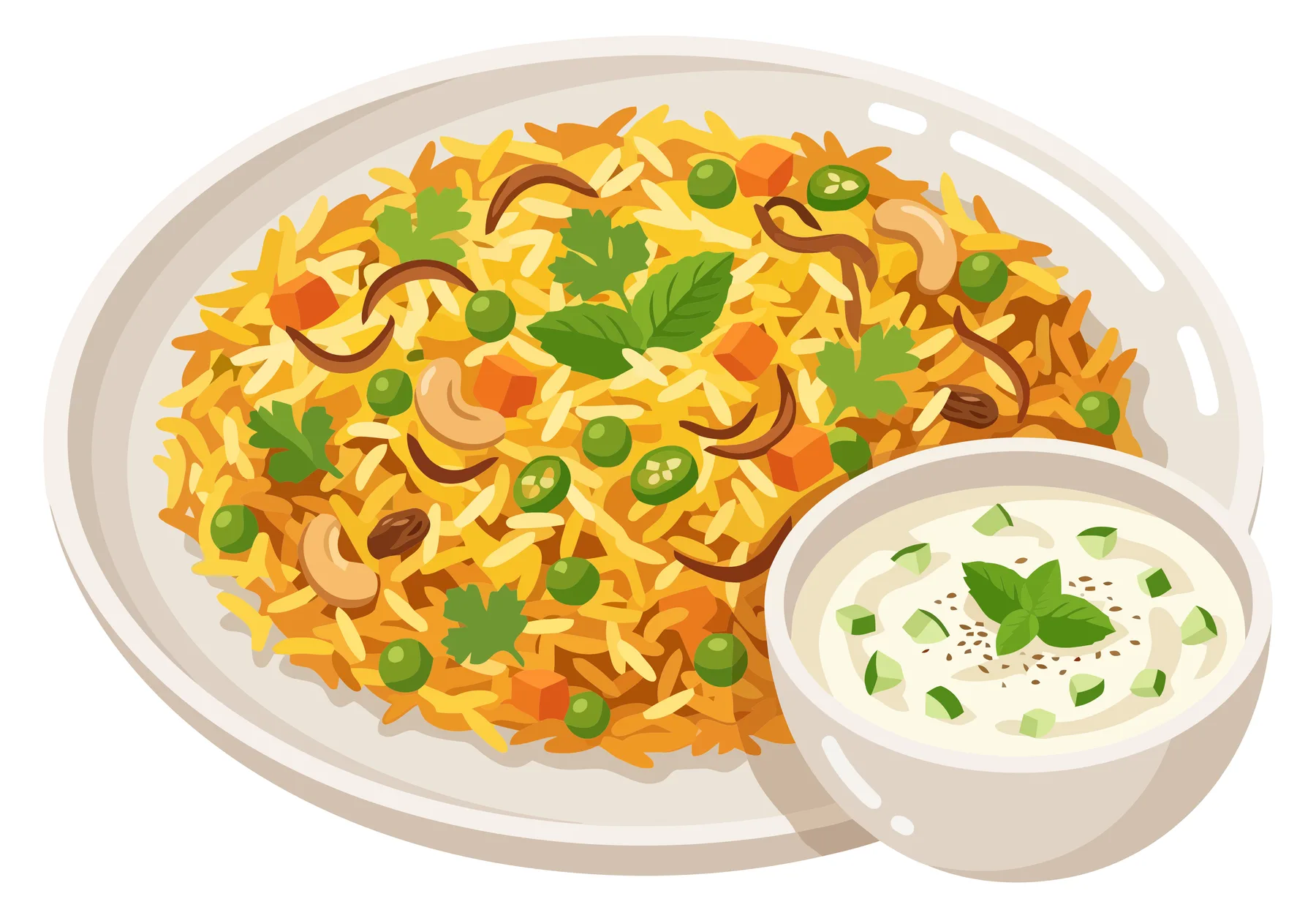 delicious vegetable biryani served with raita in a bowl, a popular indian rice dish with aromatic spices, vegetables, cashews, and herbs, ve