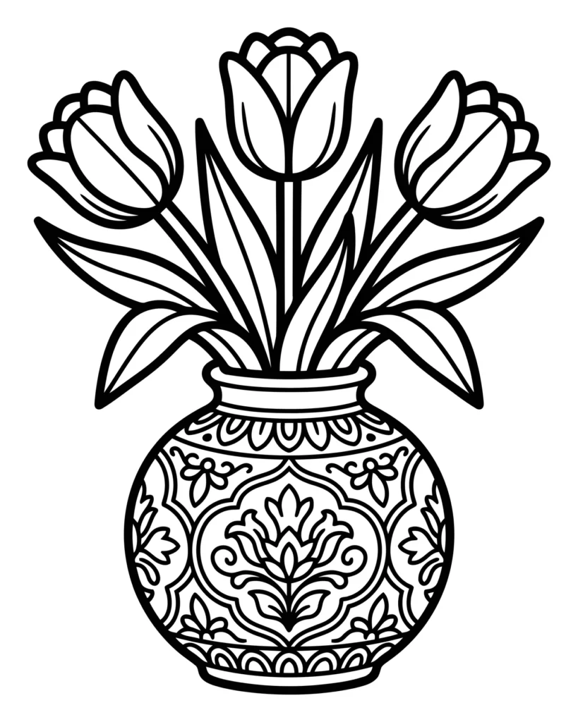 detailed line art of three tulips in an ornate decorative vase