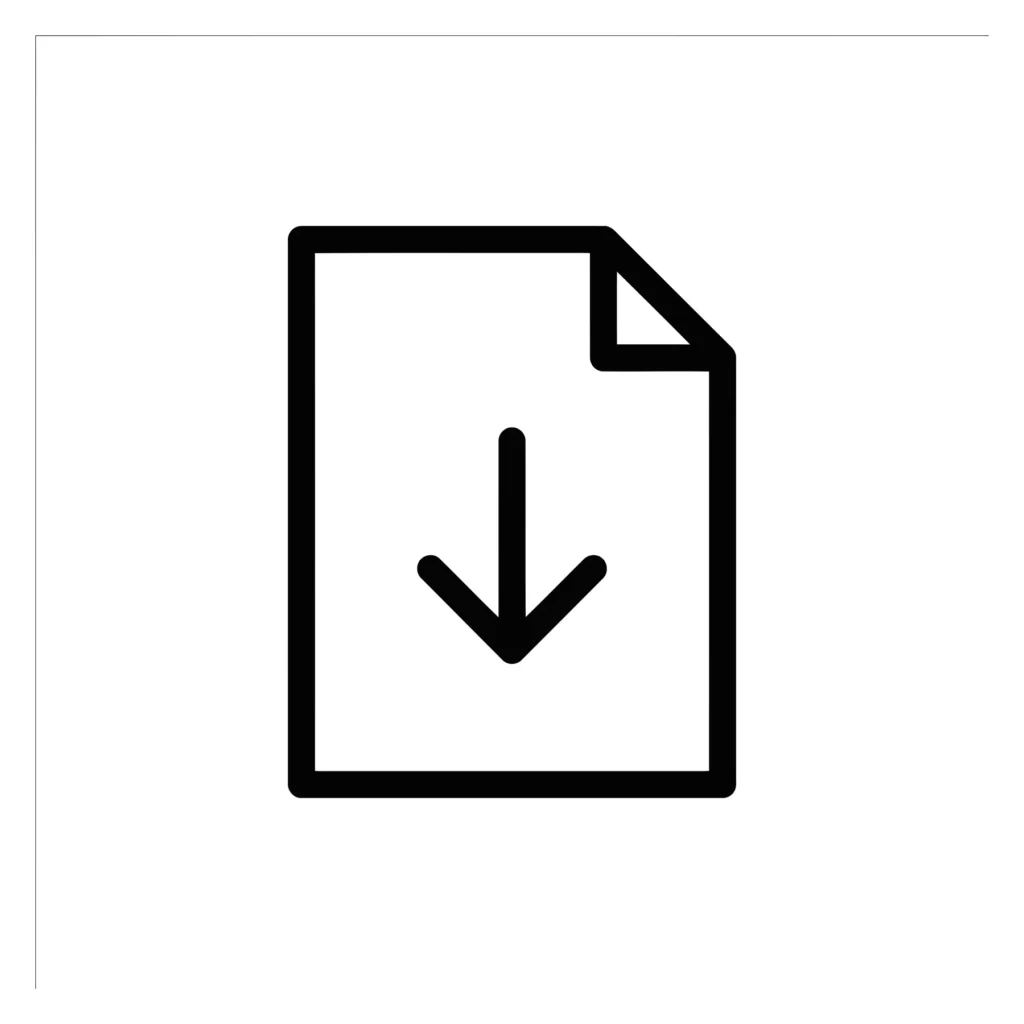 document download icon, file with down arrow outline symbol