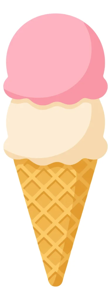 double scoop ice cream cone with pink and vanilla flavors on white