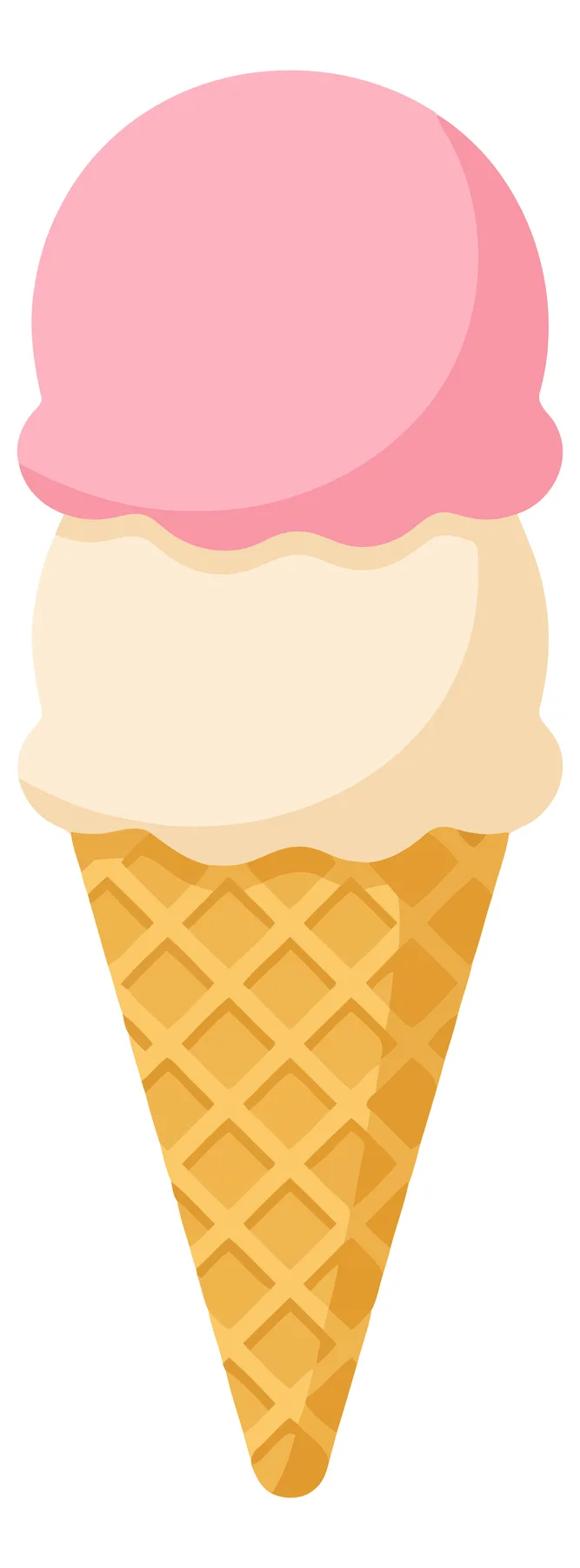 double scoop ice cream cone with pink and vanilla flavors on white