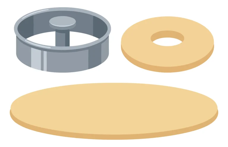 doughnut cutter tool with a round piece of dough and a ringshaped doughnut dough isolated on white background