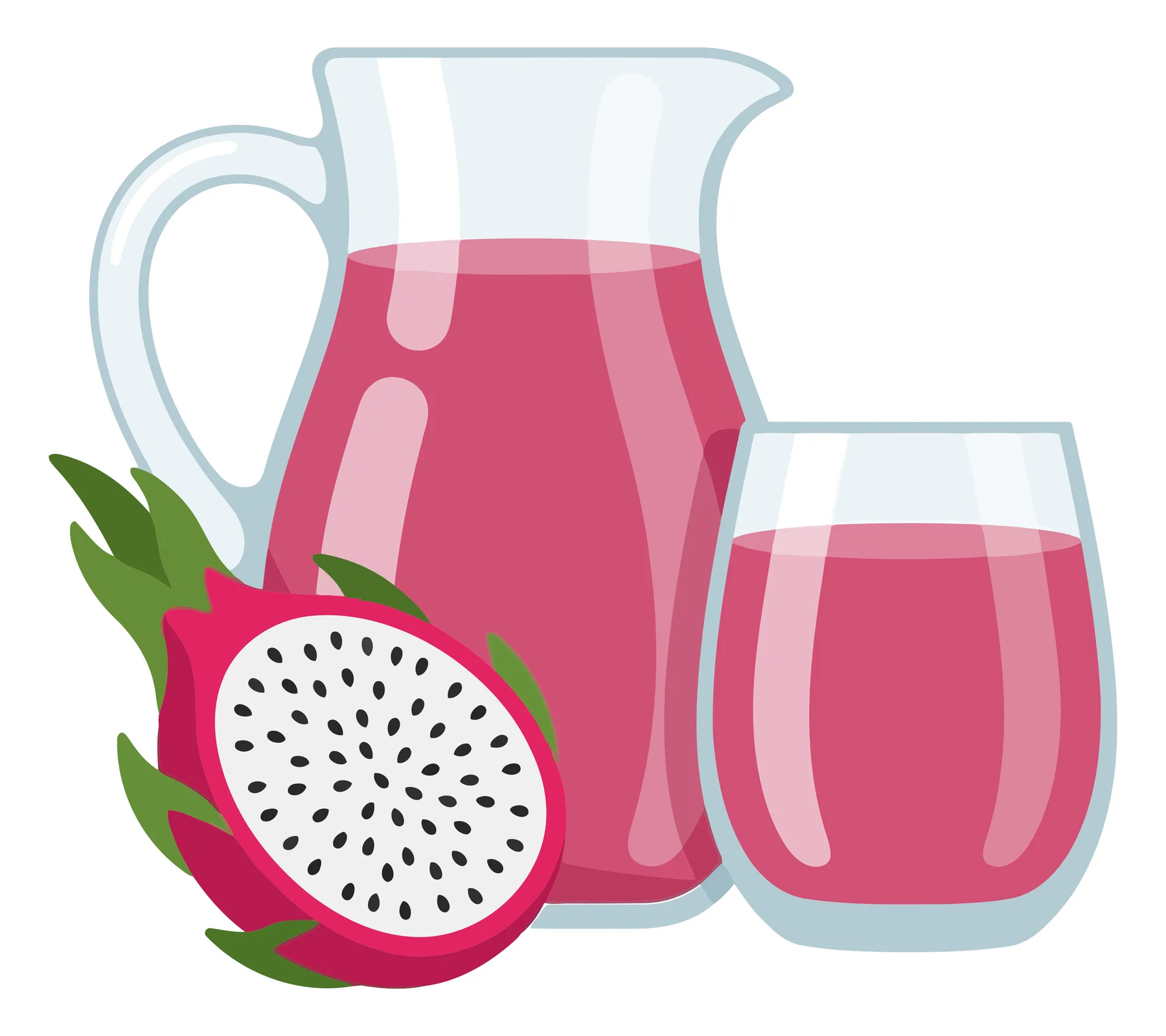 dragon fruit juice in a jug and glass with a slice of pitaya, fresh tropical beverage