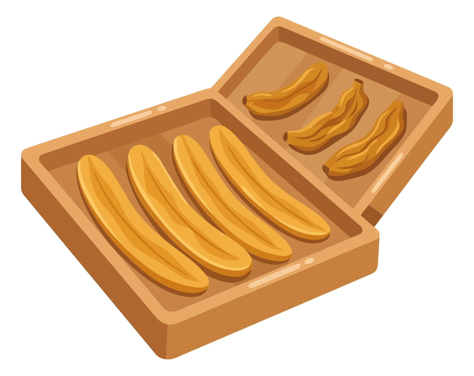 dried bananas in a wooden box isolated on white background