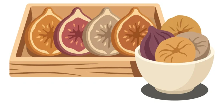 dried figs sliced in a wooden box and whole figs in a bowl vector illustration