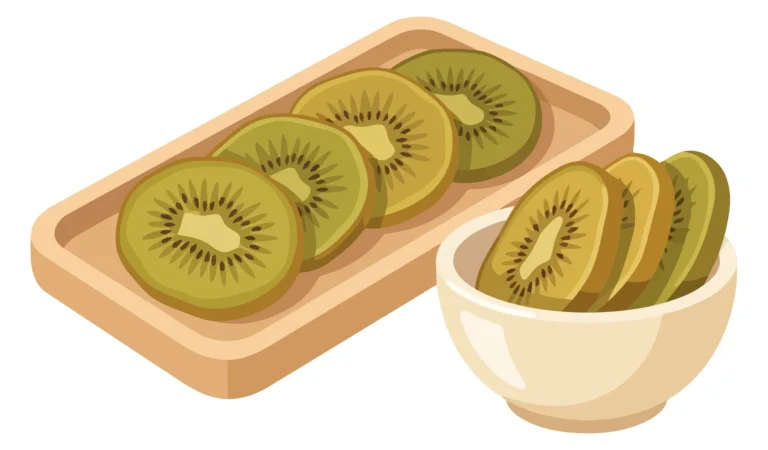dried kiwi slices on a wooden tray and in a small white bowl isolated on white background