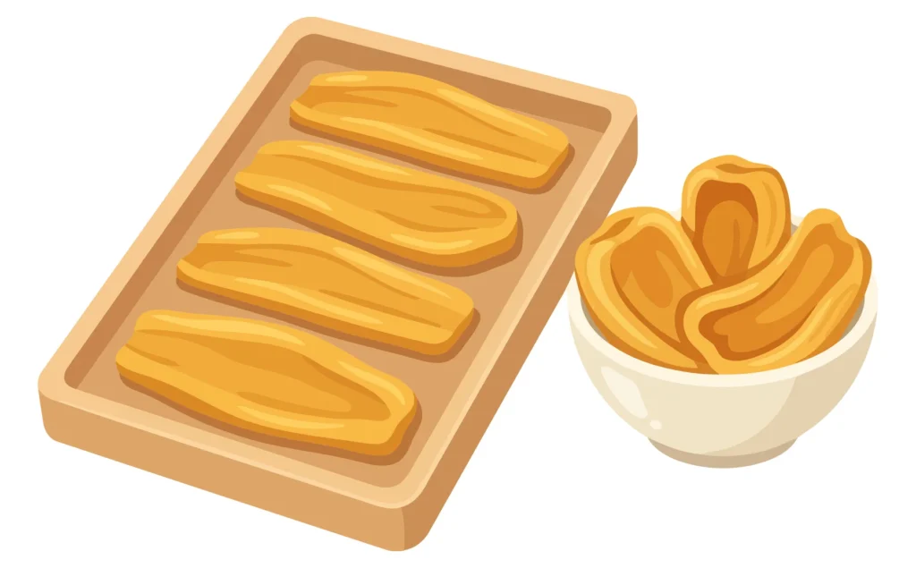 Dried Mango Slices On A Wooden Tray And In A Small White Bowl Isolated On White Background dried mango slices on a wooden tray and in a small white bowl isolated on white background
