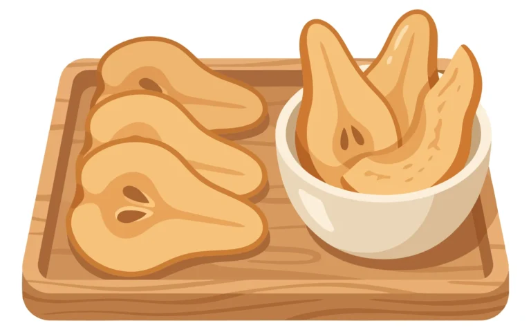 dried pear halves and slices on wooden tray and in bowl, healthy dried fruit snack