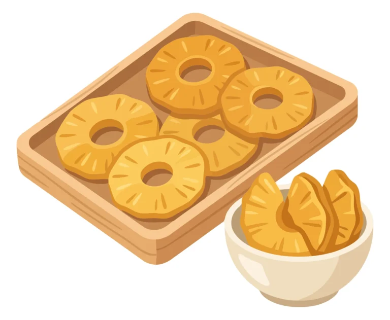 dried pineapple rings on wooden tray and slices in bowl, healthy tropical fruit snack