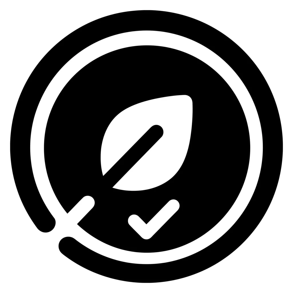 ecofriendly leaf icon with a checkmark inside a circle, representing sustainability and certification
