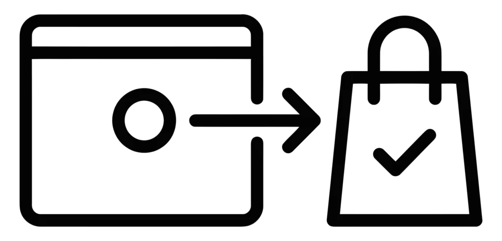 ecommerce purchase icon showing a product item moving from a window or cart interface into a shopping bag with a checkmark, representing suc