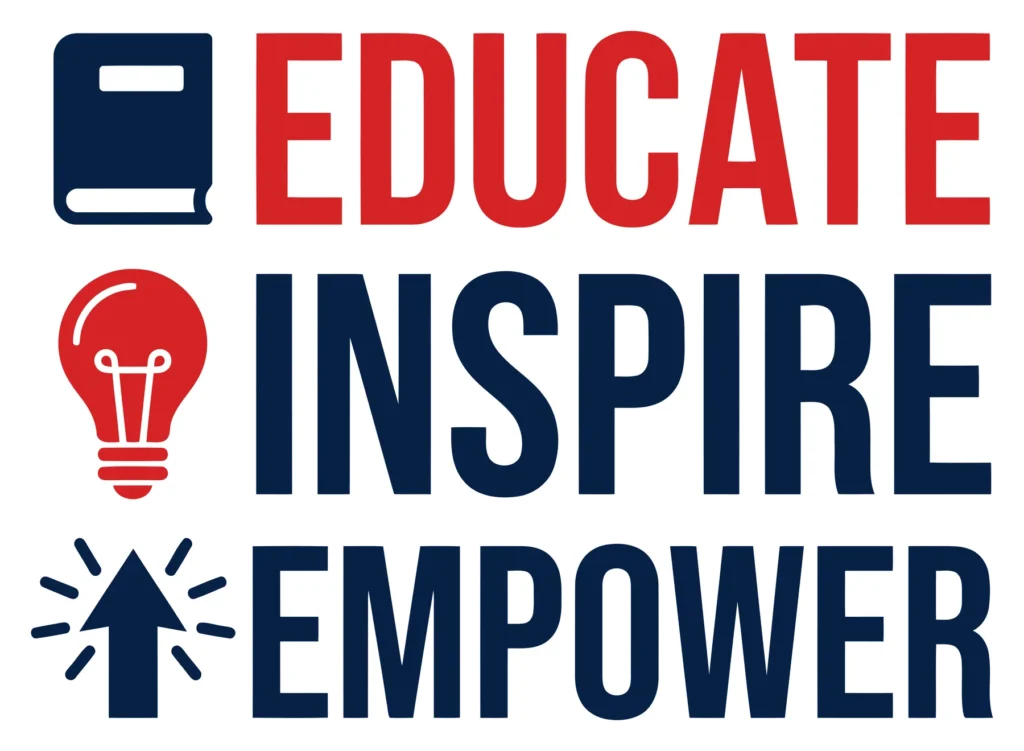 educate inspire empower typography logo design with book lightbulb and arrow icon