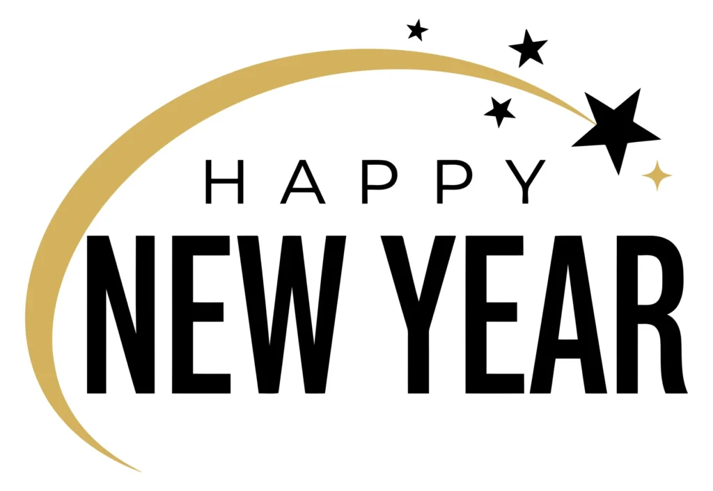 elegant happy new year typography with golden swoosh curve and black stars