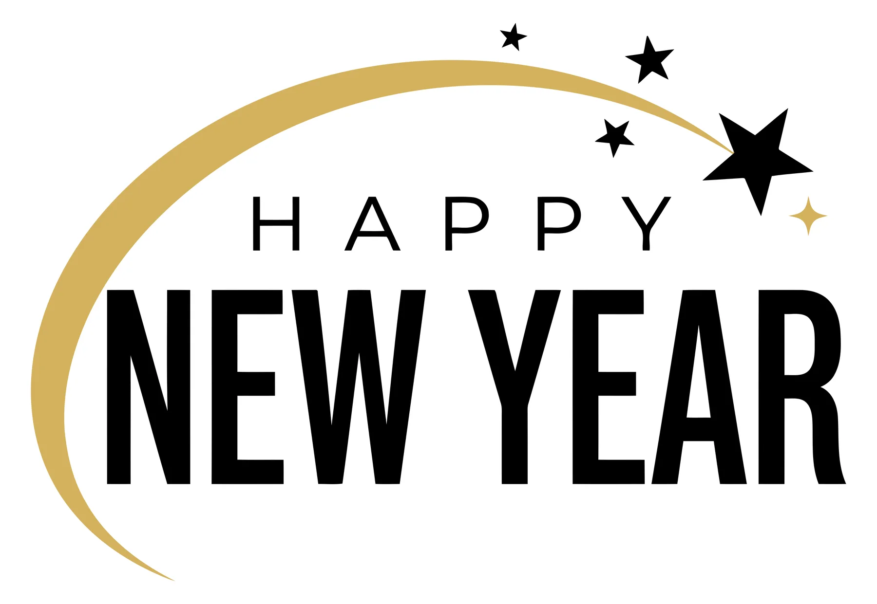Elegant Happy New Year Typography with Golden Swoosh and Stars