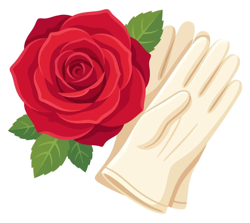 Elegant Illustration Of A Vibrant Red Rose With Green Leaves Placed Next To A Pair Of Classic Creamcolored Formal Gloves, Isolated On White elegant illustration of a vibrant red rose with green leaves placed next to a pair of classic creamcolored formal gloves, isolated on white