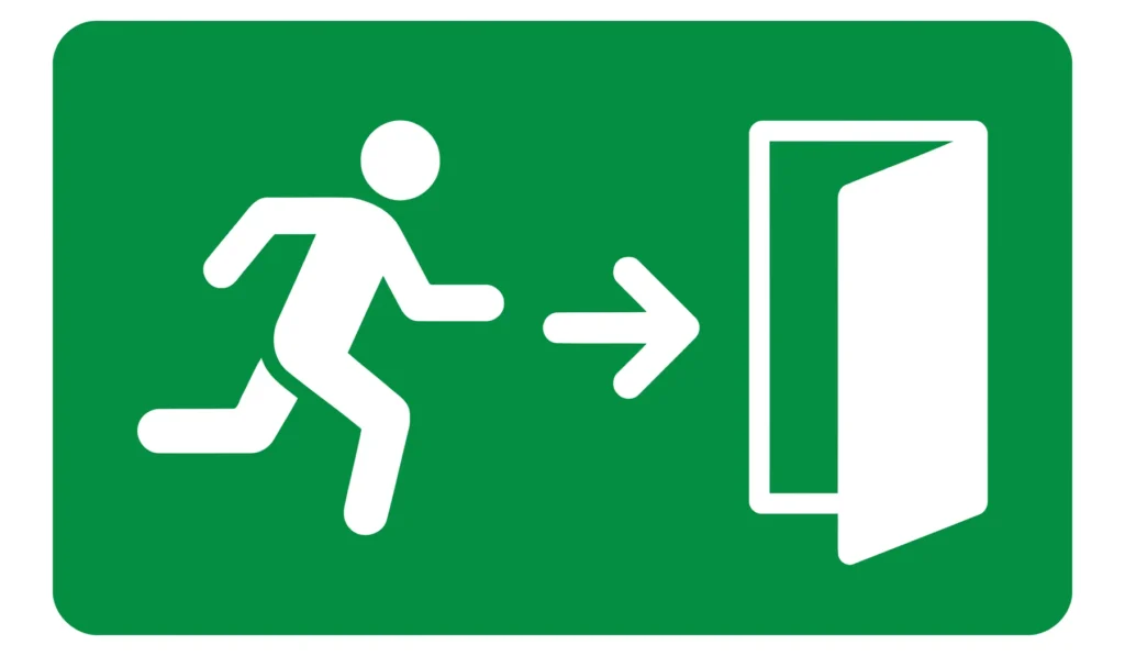emergency exit sign with running person icon and arrow pointing to open door