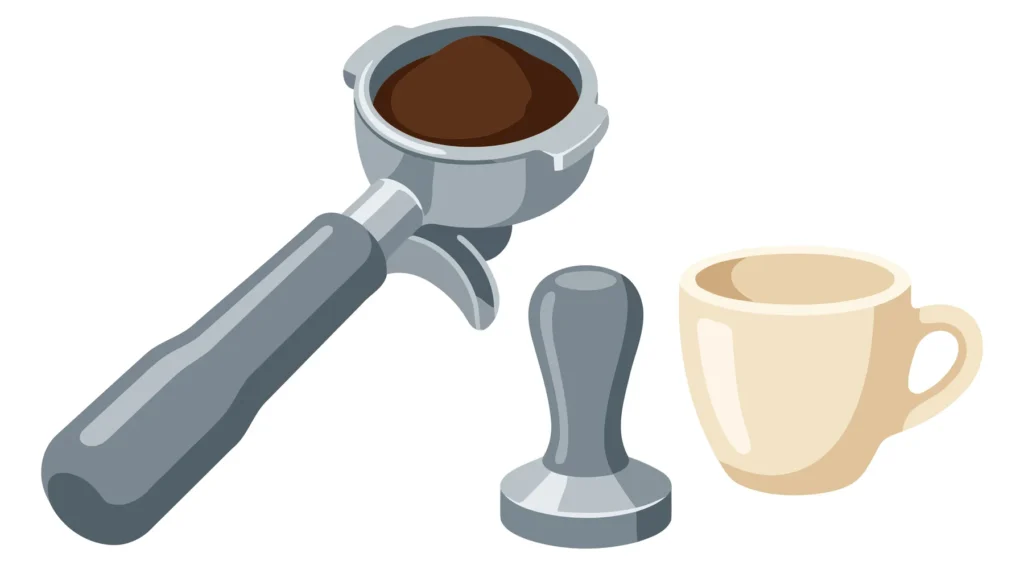 Espresso Portafilter With Coffee Grounds, Metal Tamper, And Small Ceramic Cup Isolated On White Background espresso portafilter with coffee grounds, metal tamper, and small ceramic cup isolated on white background