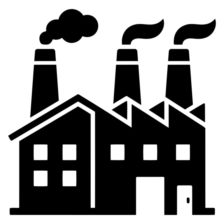 Black Factory Building Icon with Smoke Stacks