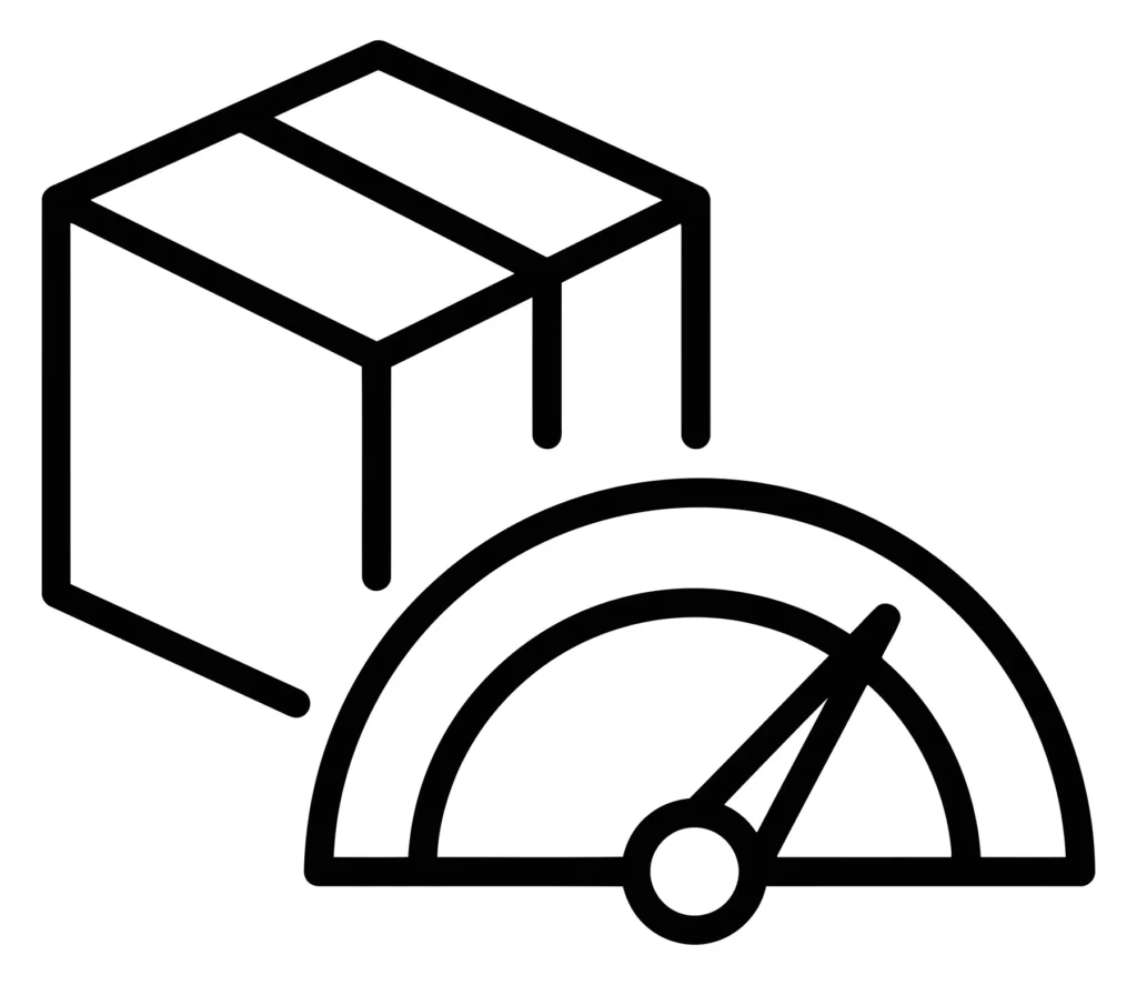 fast delivery icon with a cardboard box and a speedometer gauge