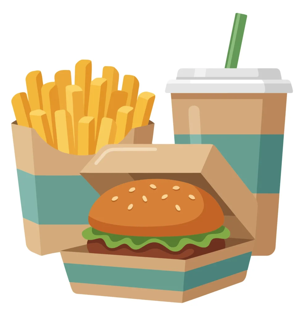 Fast Food Combo Meal With A Burger, A Portion Of French Fries, And A Drink In A Paper Cup fast food combo meal with a burger, a portion of french fries, and a drink in a paper cup