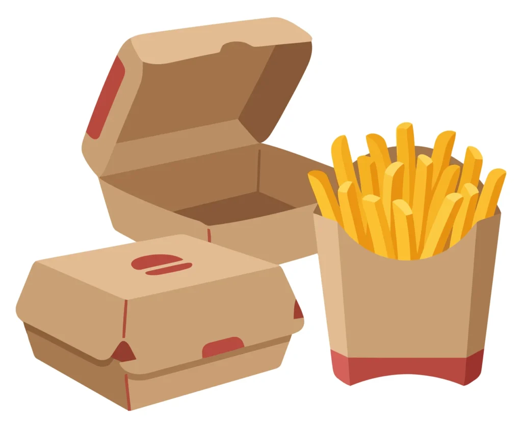 fast food meal set with a closed burger box, an open empty container, and a carton of crispy golden french fries, vector illustration