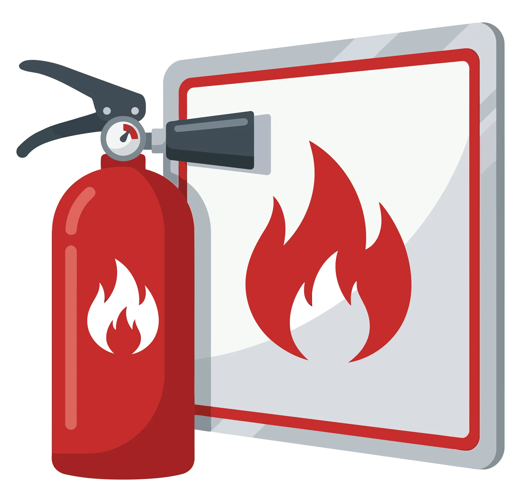 Red Fire Extinguisher with Flame Warning Sign Vector Illustration