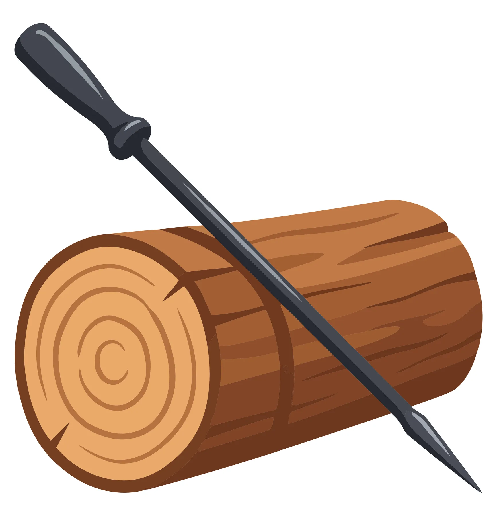 Fire poker tool resting on a wooden log illustration