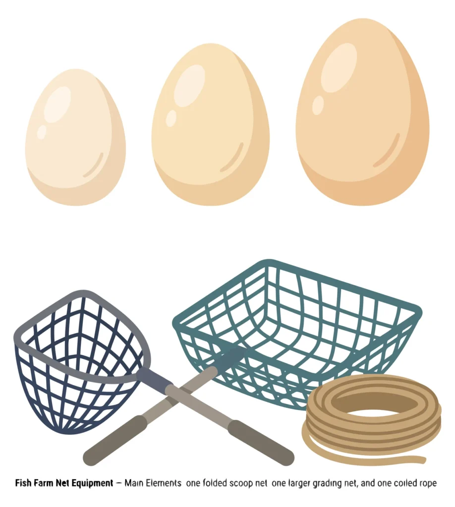 Fish Farm Net Equipment and Eggs Illustration fish farm net equipment set including a folded scoop net, a larger grading net, and a coiled rope, illustrated with three eggs of different