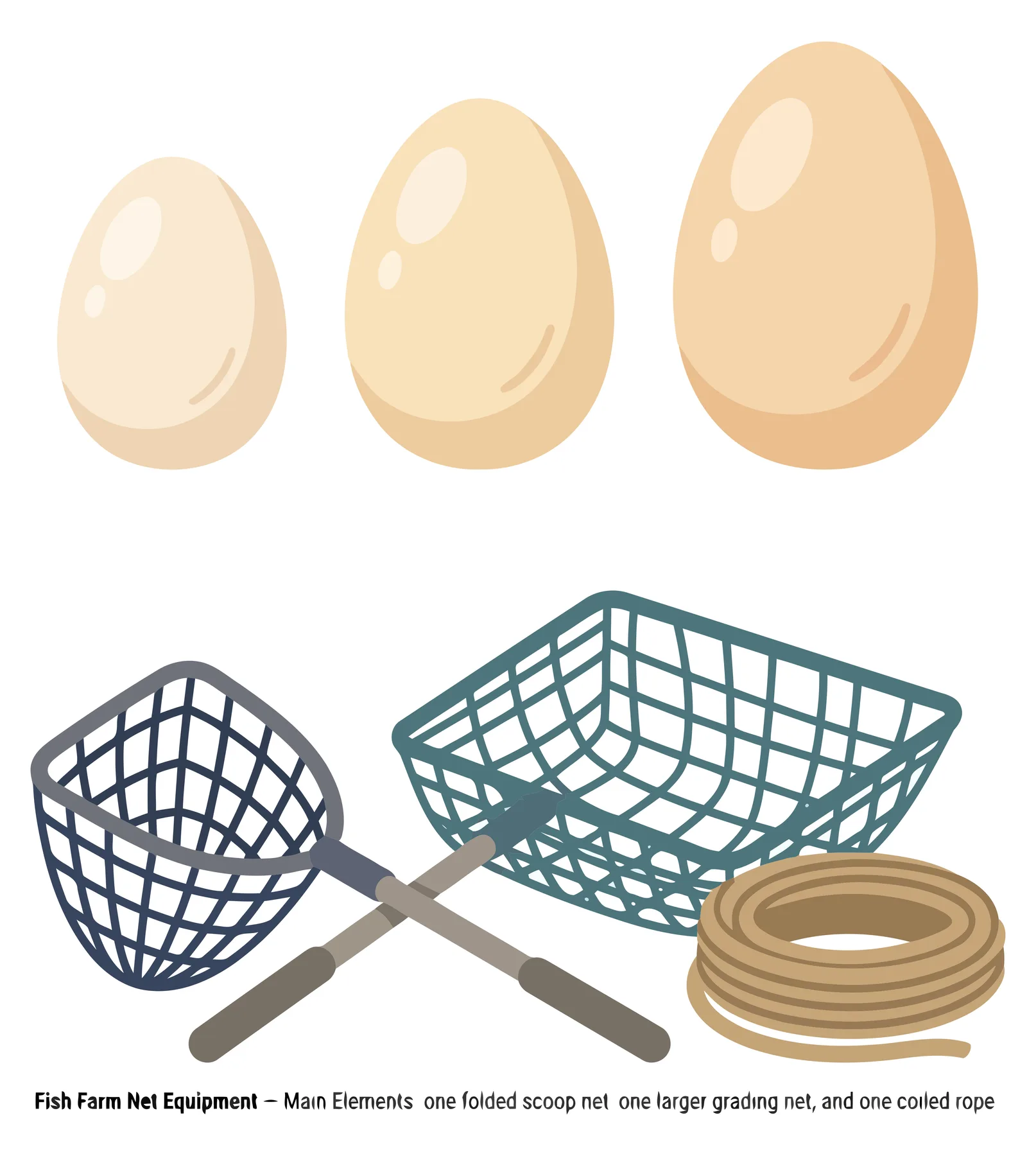 fish farm net equipment set including a folded scoop net, a larger grading net, and a coiled rope, illustrated with three eggs of different