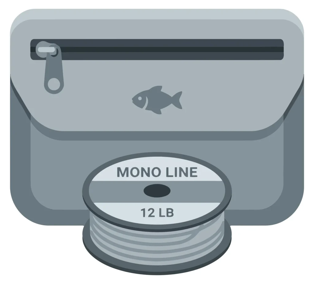 fishing gear icon featuring a spool of 12 lb monofilament fishing line placed in front of a small zippered tackle bag with a fish silhouette