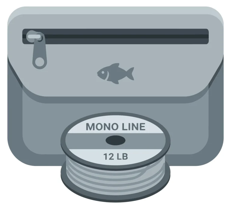 fishing gear icon featuring a spool of 12 lb monofilament fishing line placed in front of a small zippered tackle bag with a fish silhouette