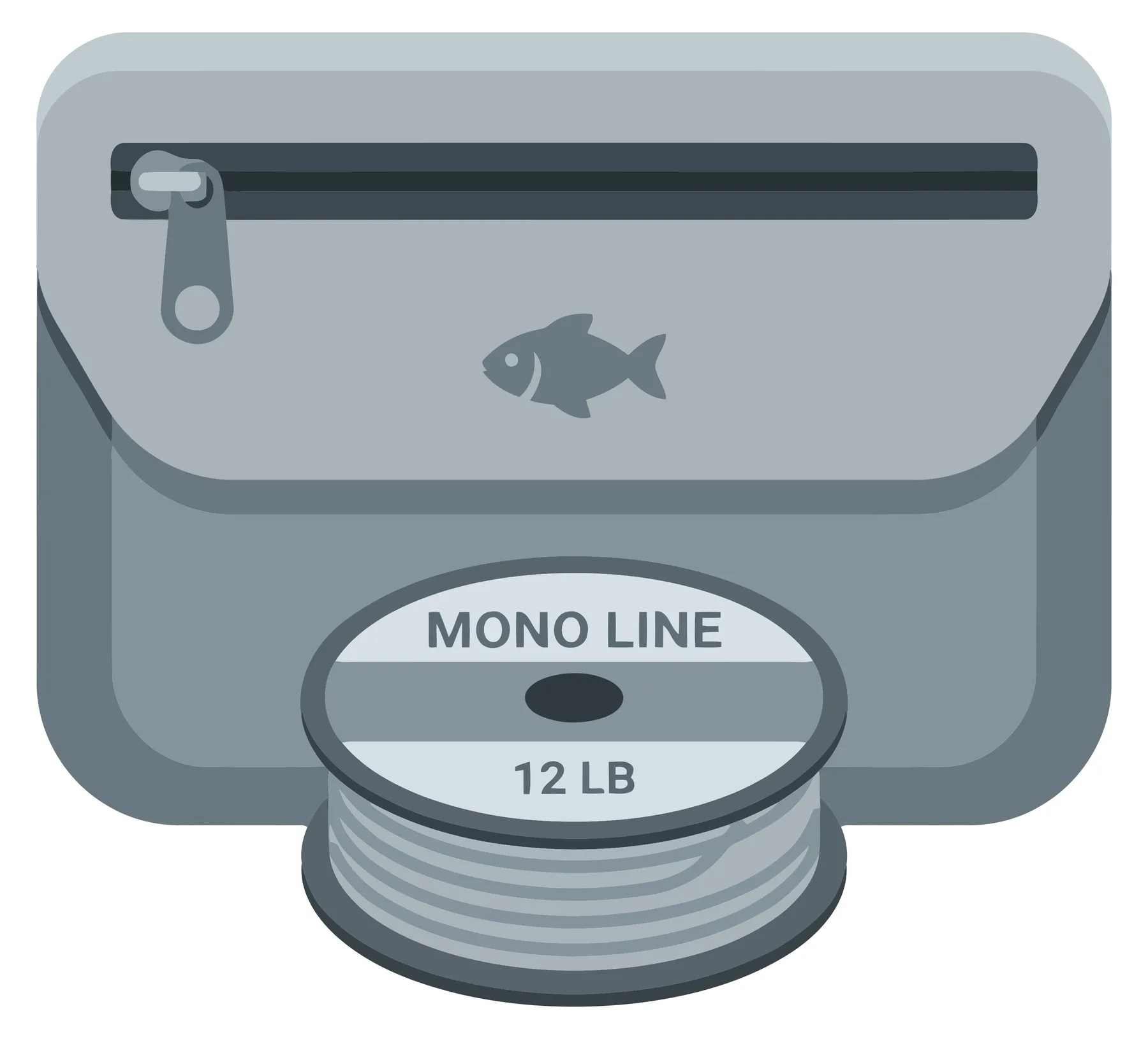 fishing gear icon featuring a spool of 12 lb monofilament fishing line placed in front of a small zippered tackle bag with a fish silhouette
