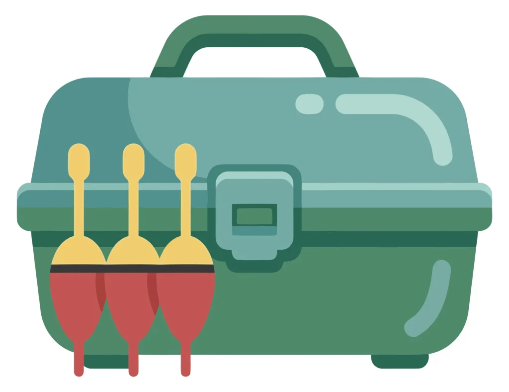 Fishing Tackle Box With Three Red And Yellow Bobber Floats, Vector Illustration Of Angling Equipment For Fishing Gear And Outdoor Hobby Supp fishing tackle box with three red and yellow bobber floats, vector illustration of angling equipment for fishing gear and outdoor hobby supp