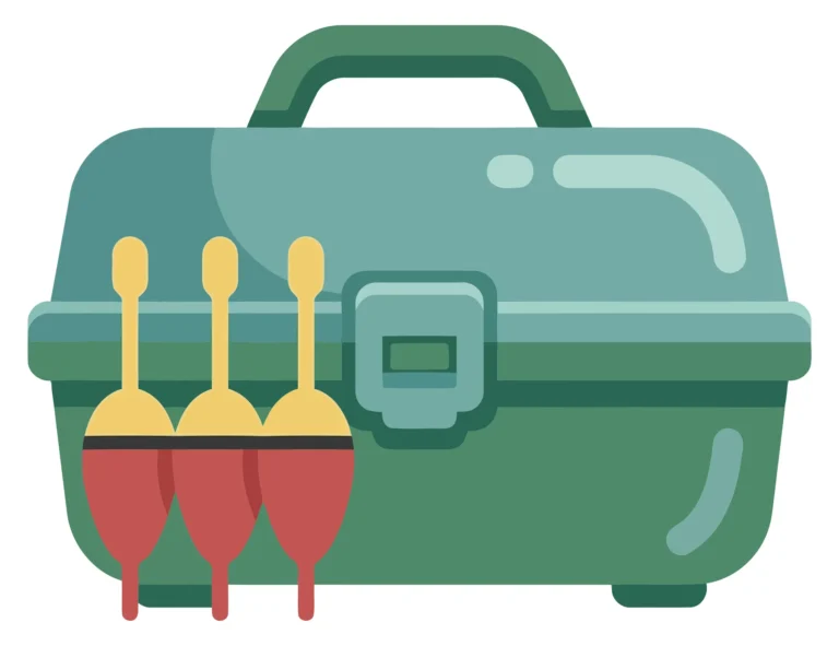 fishing tackle box with three red and yellow bobber floats, vector illustration of angling equipment for fishing gear and outdoor hobby supp