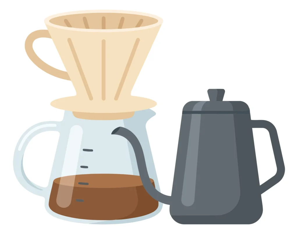 Flat Vector Illustration Of A Pourover Coffee Brewing Setup With A Ceramic Dripper On A Glass Carafe And A Gooseneck Kettle flat vector illustration of a pourover coffee brewing setup with a ceramic dripper on a glass carafe and a gooseneck kettle