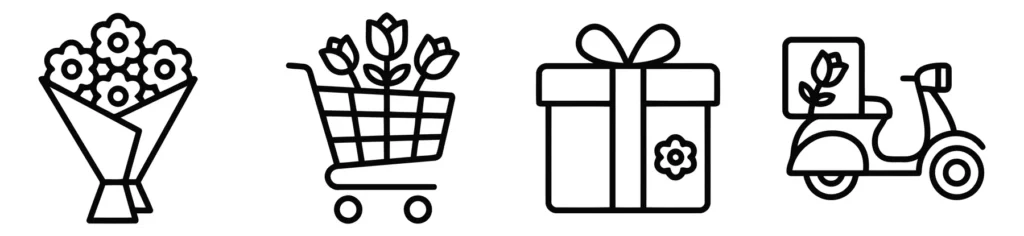 flower shop and delivery icons including bouquet, shopping cart, gift box, and scooter delivery, linear vector illustration