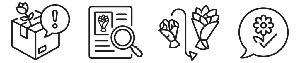 flower shop customer service and order tracking icons including package issue, search, comparison, and feedback, linear vector illustration