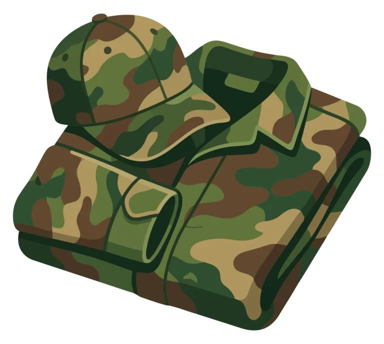 folded military camouflage uniform shirt and cap isolated on white background